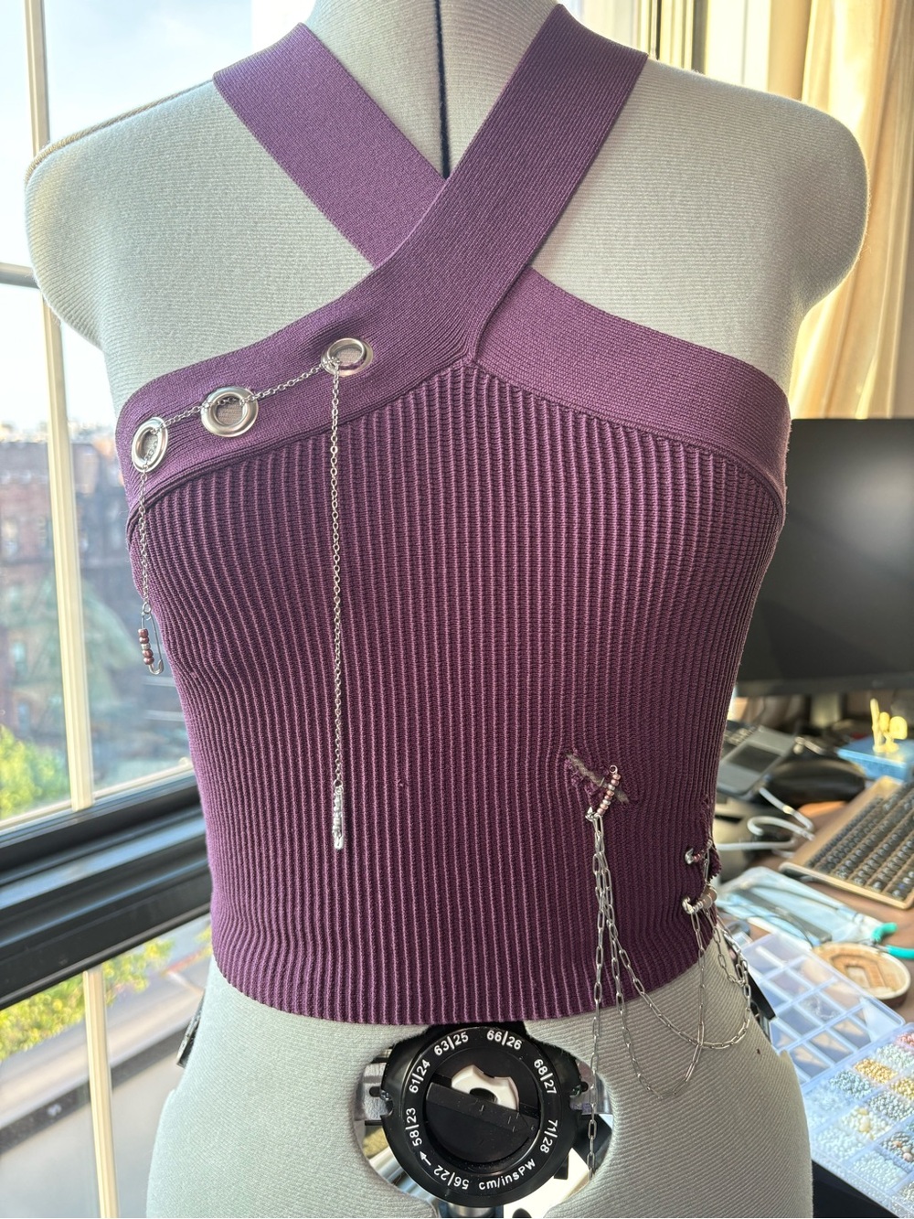 Upcycled Ribbed Crop Top with Chain & Bead Details - Plum